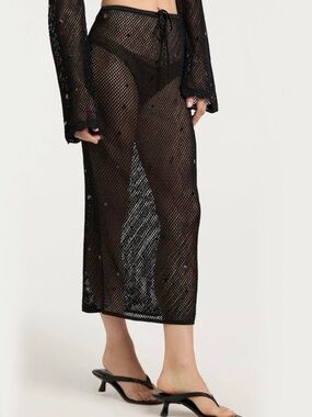 NWT L cinq a sept Black Briar Open-Knit Drawstring Midi Skirt Beachwear Cover-Up